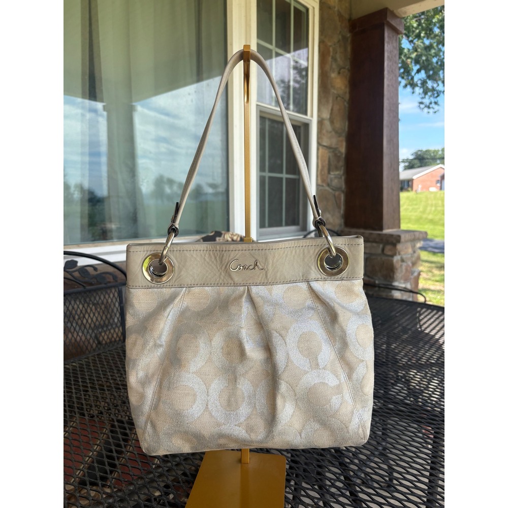 Coach Signature Canvas Shoulder Bag Silver Champagne Metallic 21021E Medium